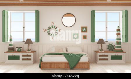 Style marin, chambre avec lit en bois et commode dans les tons blanc et vert. Fenêtres panoramiques avec paysage de mer. Parquet et plafond à poutres apparentes. N Banque D'Images