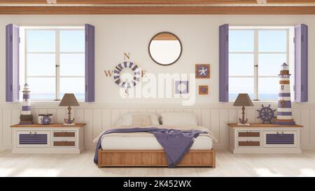 Style marin, chambre avec lit en bois et commode dans les tons blanc et violet. Fenêtres panoramiques avec paysage de mer. Parquet et plafond à poutres apparentes. Banque D'Images