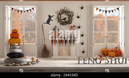 Étagère de table vintage en bois avec balance de galets et 3D lettres faisant le mot feng shui sur salon d'Halloween avec cheminée et landsca automnal Banque D'Images