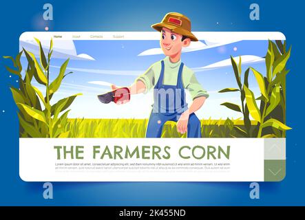 Page d'accueil de la bande dessinée du maïs des agriculteurs. Employé avec un sécateur sur le champ de maïs. L'homme collecte la récolte ou les soins des plantes sur la ferme agricole. Production alimentaire, légumes Illustration de Vecteur