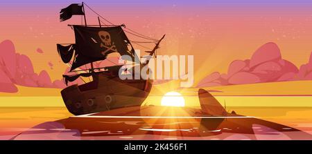 Bateau pirate coincé dans la mer peu profonde au coucher du soleil. Bateau à vapeur avec voiles noires et crâne de Jolly roger sur l'île en fond de crépuscule océanique. Aventuru Illustration de Vecteur