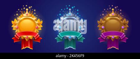 Cadres de jeu pour avatar ou taux de niveau. Badges de récompense vides en or, argent et bronze avec bannières, icônes d'interface utilisateur. Éléments graphiques bonus isolés, récompense, trop Illustration de Vecteur