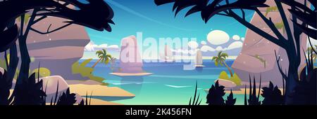 Paysage de lagune de mer avec palmiers sur plage de sable, montagnes dans l'eau et silhouettes d'arbres de jungle. Scène tropicale sur la rive de l'océan, paysage marin d'été wi Illustration de Vecteur