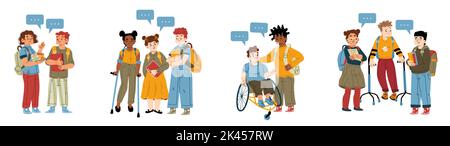 Enfants handicapés parmi les amis de l'école. Illustration vectorielle plate d'enfants handicapés heureux en fauteuil roulant ou avec des béquilles souriantes, entouré b Illustration de Vecteur