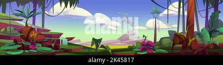 Paysage préhistorique, fond tropical avec volcan à vapeur, palmiers, vignes, cascade et rochers sous ciel bleu avec nuages moelleux. JU Illustration de Vecteur