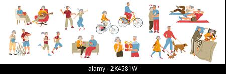 Passe-temps des personnages âgés actifs. Hommes et femmes seniors à vélo, rencontres, sommeil, danse, exercice, jardinage ou voyages. Mode de vie des personnes âgées, Illustration de Vecteur