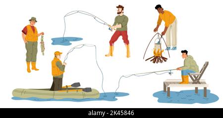 Ensemble d'hommes pêchant isolé sur fond blanc. Collection de pêcheurs avec tige debout près du lac, en bateau, assis sur le perce, cuisinant sur feu ouvert Illustration de Vecteur