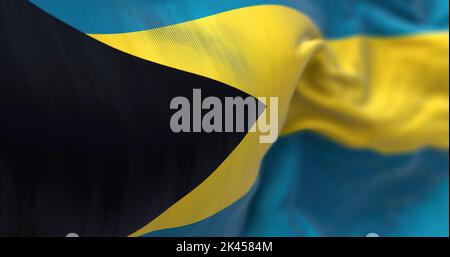 Vue rapprochée du drapeau national des Bahamas qui agite dans le vent. Le Commonwealth des Bahamas est un pays de l'archipel de Lucayan. Tissu tex Banque D'Images