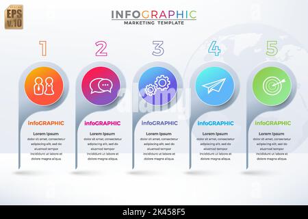 Infographie Business marketing modèle coloré vecteur design Round icons 5 options ou étapes style isolé sur fond blanc. Vous pouvez utiliser pour Mar Illustration de Vecteur