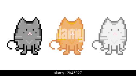 Ensemble de trois chats mignons en pixel art, parfait pour les présentations, les autocollants, les icônes, le motif d'impression textile t-shirt. Illustration vectorielle isolée. Illustration de Vecteur