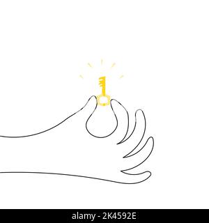 La paume de la brosse à main tient une très petite clé en métal jaune de la serrure avec ses doigts. Un dessin continu ligne logo simple main dessin art doodle isol Illustration de Vecteur