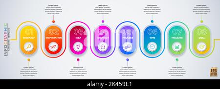 Infographie Vector business round Corner design coloré et cercle icônes 8 options isolées dans un style minimal. Vous pouvez utiliser pour processus marketing, travail Illustration de Vecteur