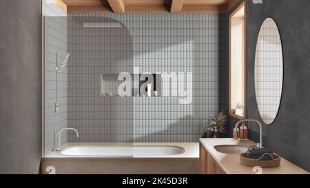 Salle de bains minimaliste japonaise, tons blancs et gris, baignoire en marbre et lavabo en bois. Décoration intérieure de la ferme Banque D'Images