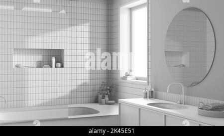 Projet blanc total, salle de bains de boho de ferme. Baignoire en marbre et lavabo en bois. Décoration intérieure japonaise Banque D'Images