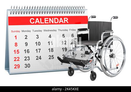 Calendrier de bureau avec fauteuil roulant manuel, 3D rendu isolé sur fond blanc Banque D'Images