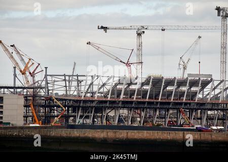 Travaux de construction en cours au nouveau terrain d'Everton FPC à bramley-moore Dock liverpool, royaume-uni Banque D'Images