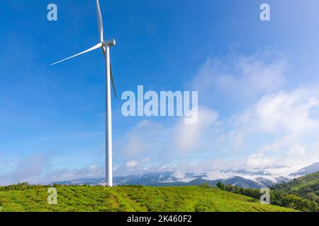 Éoliennes à énergie renouvelable, moulin à vent isolé sur le magnifique ciel bleu, les nuages blancs et sur les champs de thé de la ville de Da Lat, Lam Dong, Viet Nam Banque D'Images