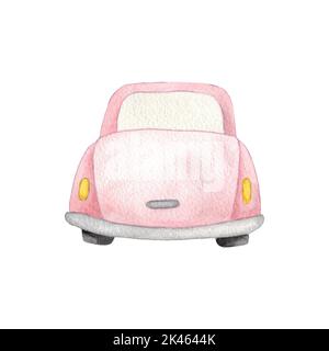 Voiture aquarelle rose isolée sur fond blanc. Illustration d'une voiture pour cartes postales et invitations. Vue de l'arrière. Banque D'Images