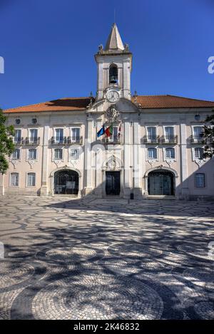 Aveiro, Portugal - 14 août 2022: Plan vertical du bâtiment du conseil de district avec drapeaux locaux, nationaux et de l'UE et carreaux de sol ornés en premier plan Banque D'Images