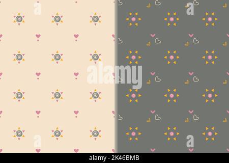 Coeur mignon bébé motifs sans couture, lot de 2. Mandala formes du soleil, contour des coeurs. Grille géométrique minimaliste. Palette de couleurs pastel tendre pour la pépinière Illustration de Vecteur