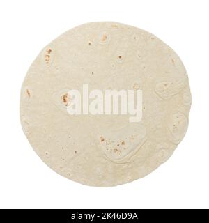 tortilla ronde au blé ou pain plat rond de pita provenant du dessus, isolé sur fond blanc Banque D'Images