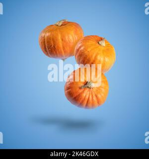 Trois citrouilles lévitant sur fond bleu. Halloween et Thanksgiving Banque D'Images