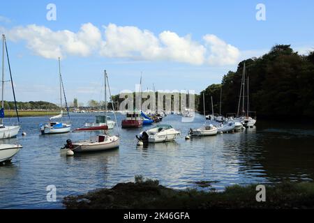 Vue sur le Vincin et les yachts amarrés depuis la rive ouest près de la route de Mereac, Arradon, Golfe du Morbihan, Morbihan, Bretagne, France Banque D'Images