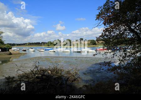 Vue sur le Vincin et les yachts amarrés depuis la rive ouest près de la route de Mereac, Arradon, Golfe du Morbihan, Morbihan, Bretagne, France Banque D'Images