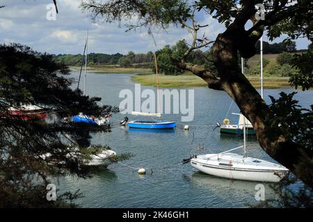 Vue sur le Vincin et les yachts amarrés depuis la rive ouest près de la route de Mereac, Arradon, Golfe du Morbihan, Morbihan, Bretagne, France Banque D'Images