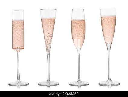 Différentes coupes à champagne roses faites à la main sur fond blanc avec reflets. Banque D'Images