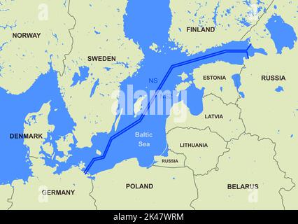 Nord Stream 1 et 2 sur la carte, gazoducs de la Russie à l'Allemagne en mer Baltique, illustration. Plan d'Europe du Nord avec ligne de gaz. Thème de l'énergie Banque D'Images