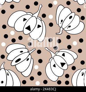 Motif Halloween sans couture dessiné à la main avec joli fond de citrouilles drôle à pois. Rétro 60s 70s beige vintage design, dessin animé Jack o lanterne imprimé tissu graphique Banque D'Images