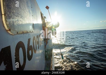 Portland, Maine, États-Unis. 28th septembre 2022. Les membres de l'équipage à bord d'un bateau naviguant dans les eaux côtières du Maine, amenant une bouée qui marque le début de leurs lignes de pêche au filet maillant. A bord d'un bateau de pêche au filet maillant, l'équipage porte ses prises de lotte, de goberge et de morue du début de la matinée jusqu'à tard dans la nuit. L'industrie de la pêche dans le Maine a récemment pris un coup avec un nouvel ensemble de restrictions sur la pêche et l'organisation environnementale Seafood Watch recommandant aux gens d'éviter de manger du homard américain. Cette inscription et ce règlement constituent de nouvelles menaces pour les moyens de subsistance des pêcheurs. Banque D'Images