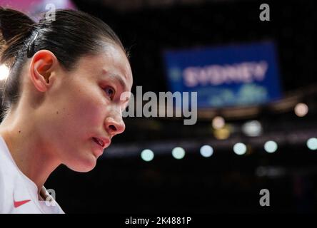 Sydney, Australie. 1st octobre 2022. Yang Liwei, de Chine, réagit avant la finale contre les États-Unis lors de la coupe du monde de basket-ball 2022 de la FIBA pour femmes à Sydney, en Australie, le 1 octobre 2022. Credit: Hu Jingchen/Xinhua/Alay Live News Banque D'Images