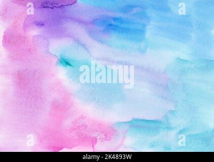 Aquarelle texture de peinture d'arrière-plan rose clair, bleu et violet. Décor pastel multicolore à l'aquarelle. Taches sur le papier. Banque D'Images