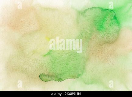 Texture d'arrière-plan aquarelle vert pastel et beige. Taches kaki clair et marron sur le papier, peintes à la main. Banque D'Images