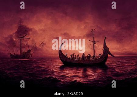 Vikings navires à l'horizon de l'océan. Atmosphère mystérieuse sous le ciel du coucher du soleil. 3D illustration Banque D'Images