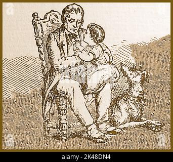 Sir Walter Scott (1771 – 1832) avec 'PET Marjorie' (enfant de génie littéraire Marjory ou Marjorie, Fleming (1803-1811) - surnom de famille Maidie) et son chien de compagnie de même nom Maida. Le fait que Scott ait effectivement rencontré Marjorie Fleming est en désaccord, bien qu'il ait admirée son travail quand il lui a été envoyé. La similitude de son surnom de chiens à celui de Marjorie engendre plus de questions. Banque D'Images