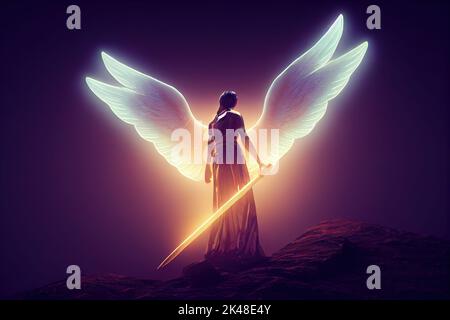 Magnifique lumière lumineuse ailes brillantes ange tenant une épée flamboyante. 3d illustration. Banque D'Images
