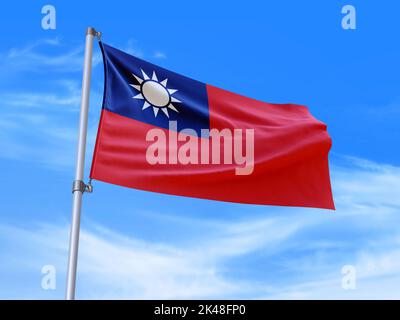 Magnifique drapeau de Taiwan - le drapeau de la République de Chine agitant dans le vent avec fond de ciel - 3D illustration - 3D rendu Banque D'Images