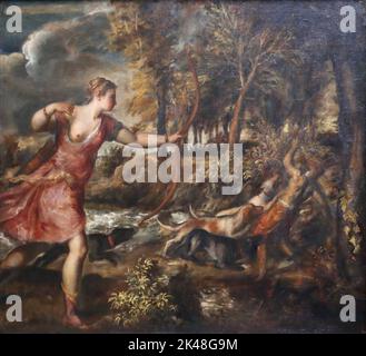 La mort d'Actaeon par le peintre italien de la Renaissance Titien à la National Gallery, Londres, Royaume-Uni Banque D'Images