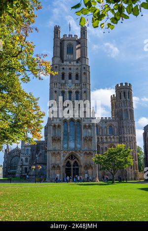 Élévation à l'ouest de la cathédrale d'Ely vue de la Cathédrale Green à Ely, Cambridgeshire, Angleterre, Royaume-Uni Banque D'Images