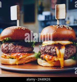 Deux délicieux hamburgers sur fond flou Banque D'Images