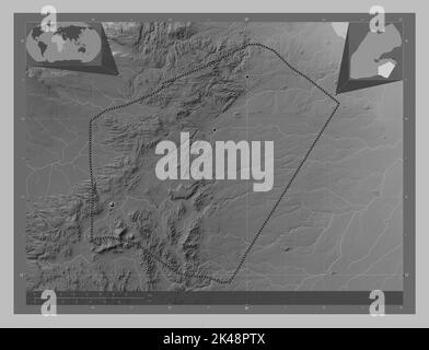 Ali Sabieh, région de Djibouti. Carte d'altitude en niveaux de gris avec lacs et rivières. Lieux des principales villes de la région. Cartes d'emplacement auxiliaire d'angle Banque D'Images