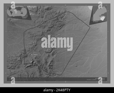 Ali Sabieh, région de Djibouti. Carte d'altitude en niveaux de gris avec lacs et rivières. Lieux et noms des principales villes de la région. Emplacement auxiliaire de coin Banque D'Images