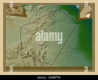 Ali Sabieh, région de Djibouti. Carte d'altitude en couleur avec lacs et rivières. Cartes d'emplacement auxiliaire d'angle Banque D'Images