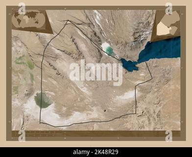 Dikhil, région de Djibouti. Carte satellite basse résolution. Lieux des principales villes de la région. Cartes d'emplacement auxiliaire d'angle Banque D'Images