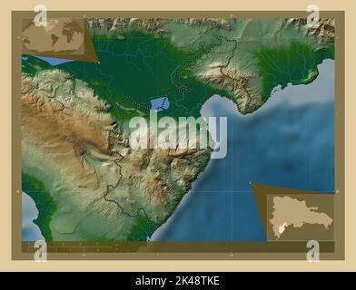 Barahona, province de la République dominicaine. Carte d'altitude en couleur avec lacs et rivières. Cartes d'emplacement auxiliaire d'angle Banque D'Images