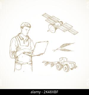 Illustration du vecteur Agriculture de précision dessinée à la main. Agriculteur équipé d'un ordinateur portable avec dessin de style gravure par satellite. Moderne automatisé Illustration de Vecteur