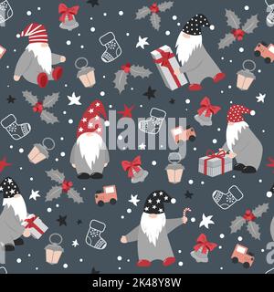 Joli motif de Noël avec nains, cloches de Noël et cadeaux. Motif sans couture. Illustration de Vecteur